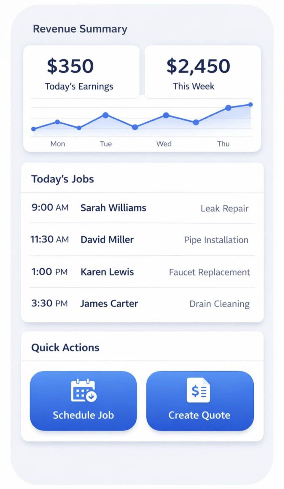 TradeOS mobile app dashboard showing job scheduling, quoting, and payments